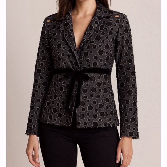 VTG Sno Skins Black Textured Cut-Out Mesh Velvet Tie Blazer Sz Small Avant Garde - Picture 1 of 11